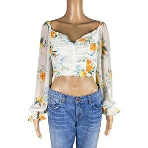 Privy White Floral Long Sleeve Chiffon Sweetheart Neck Rushed Crop Top Small